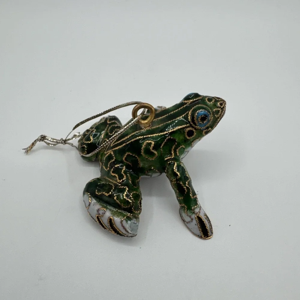 Vintage Cloisonné Enamel Frog Ornament Figurine Green & Gold Decorative Frog